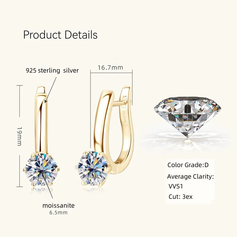 Anziw U-shaped Hoop Huggie Earrings 6.5mm D1.0ct Moissanite 925 Silver