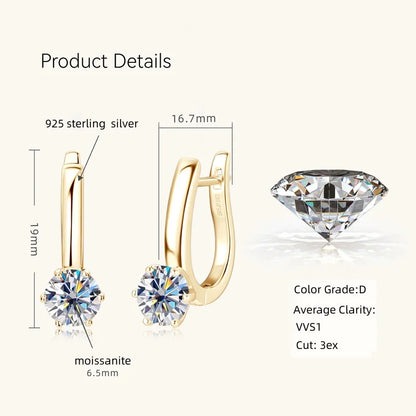 Anziw U-shaped Hoop Huggie Earrings 6.5mm D1.0ct Moissanite Drop Earring 100% 925 Silver for Women Wedding Party Jewelry Gifts