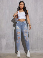 Skinny Stretch Lady High Waist Hole Denim Pants Fashion Solid Color Sexy Pencil Trousers