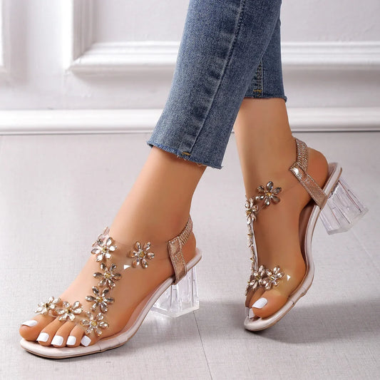 Women;s Sandals Pvc Crystal Flower Shoes for Women Decoration Chunky Heel Sandals Ladies Back Strap Fashion Shoes Female2024