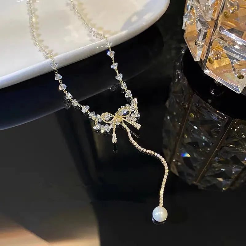 Vintage Zircon Flower Pearl Necklace