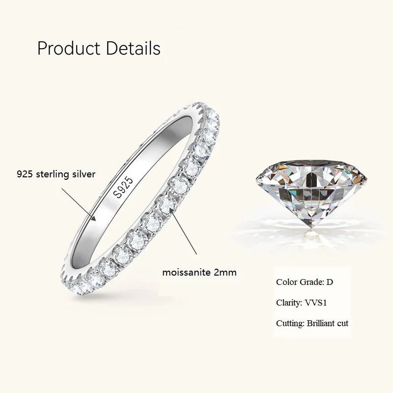 Anziw Full Eternity Bands 2mm Moissanite 925 Sterling Silver