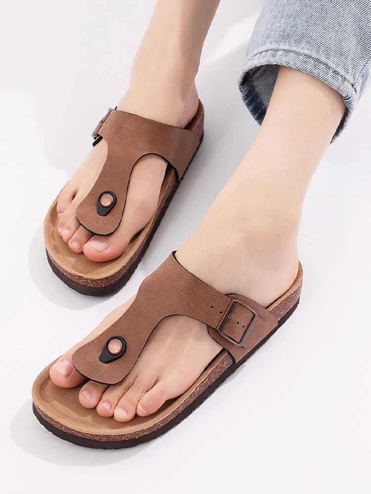 Cork Flat Sandals Summer Open Toe Slides Slip On Slippers