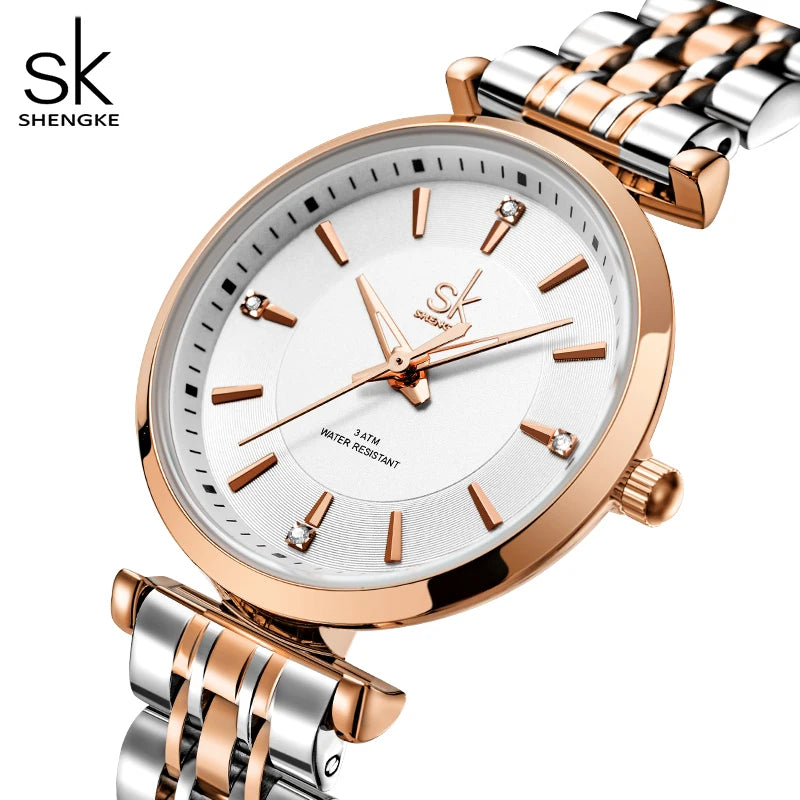 Relogio Feminino Shengke sk Fashion Women Watches Rose Golden Stainless Steel Woman's Quartz Wristwatches Ladies Colorful Clock