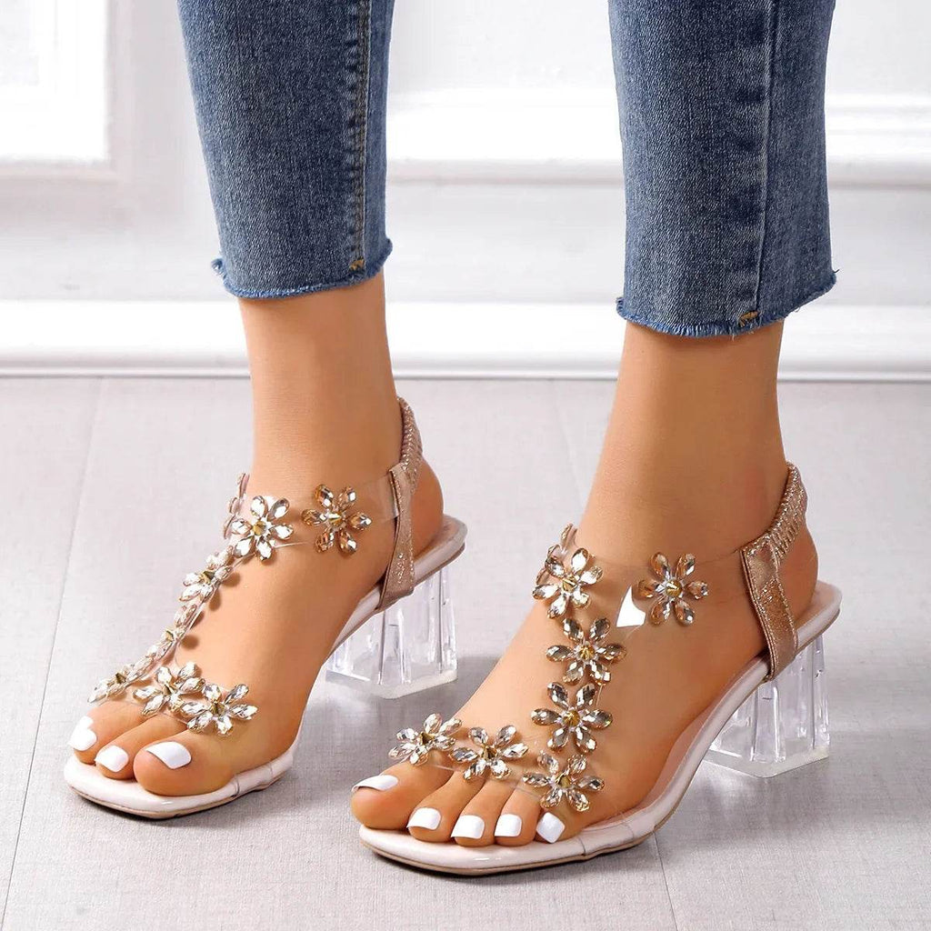 Women;s Sandals Pvc Crystal Flower Shoes for Women Decoration Chunky Heel Sandals Ladies Back Strap Fashion Shoes Female2024 - Imbasat