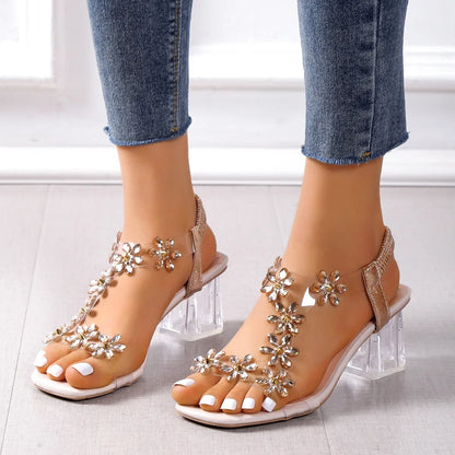 Women;s Sandals Pvc Crystal Flower Shoes for Women Decoration Chunky Heel Sandals Ladies Back Strap Fashion Shoes Female2024