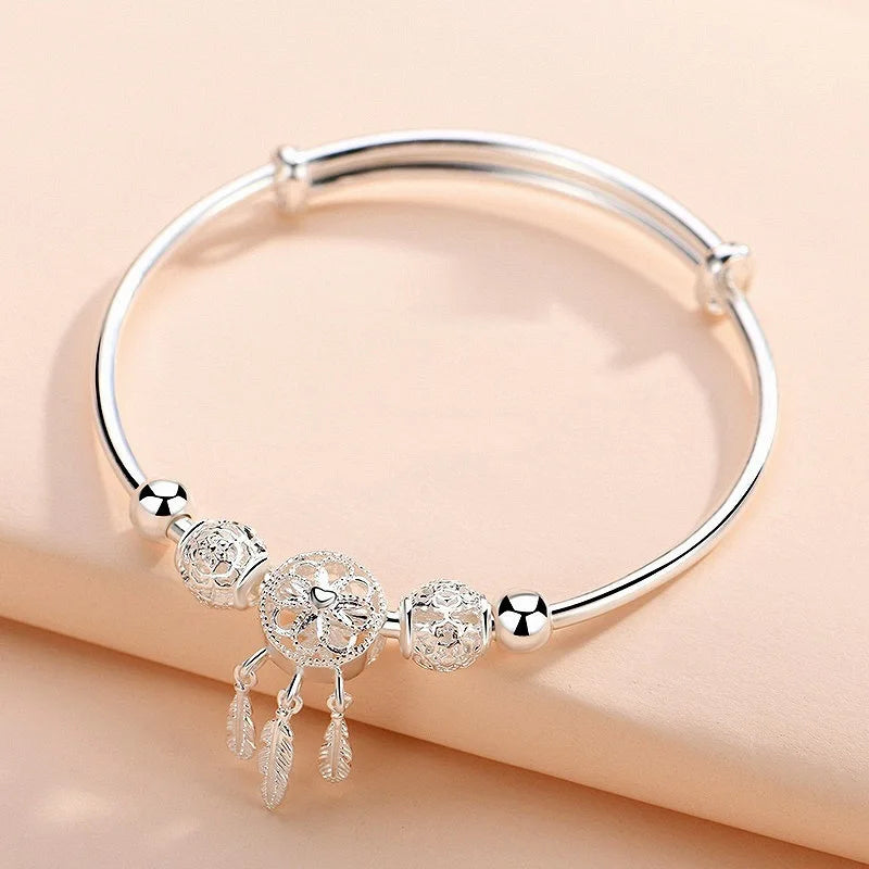 925 Sterling Silver Full-blown Flowers Bracelet For Women Original Texture Adjustable Solid Bracelets Light Luxury Party Jewelry