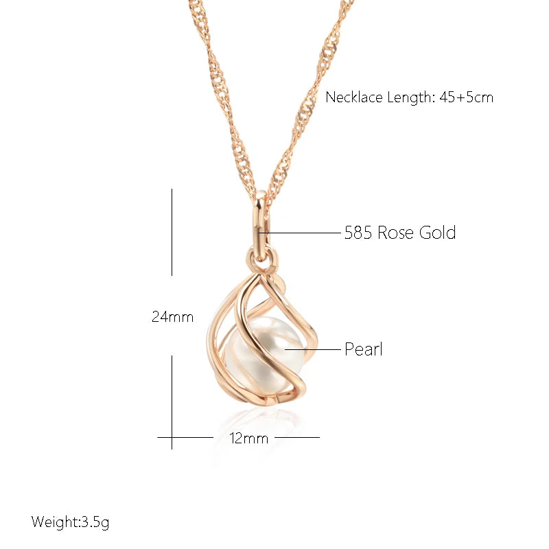 Kinel Luxury 585 Rose Gold Pendant Necklace for Women Unique Geometric Hollow Pearl Bridal Wedding Jewelry Daily Wear Gift