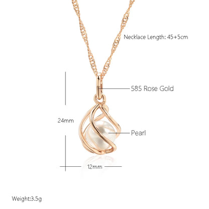 Kinel Luxury 585 Rose Gold Pendant Necklace for Women Unique Geometric Hollow Pearl Bridal Wedding Jewelry Daily Wear Gift