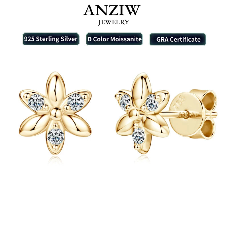Anziw Mini Studs Flower Earrings Real 925 Silver Moissanite Earring