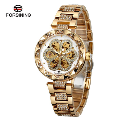 Forsining Skeleton Watch for Women Fashion Classics Diamond Automatic Mechanical Watches Luminous Hands Stainless Steel Strap