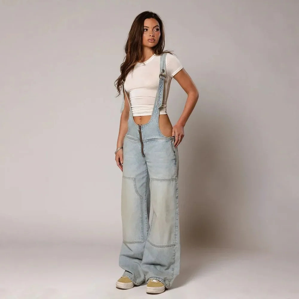 Jumpsuits Jeans Overalls  Backless Vintage Full Length Denim Straight Pants Loose Pockets