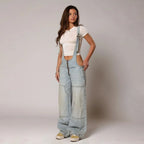 Jumpsuits Jeans Overalls  Backless Vintage Full Length Denim Straight Pants Loose Pockets