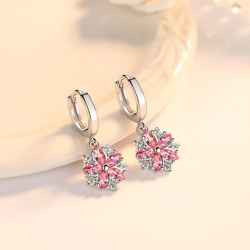 Genuine 925 Sterling Silver Crystal Zircon New Flower Jewelry Drop Earrings For Women XY0056