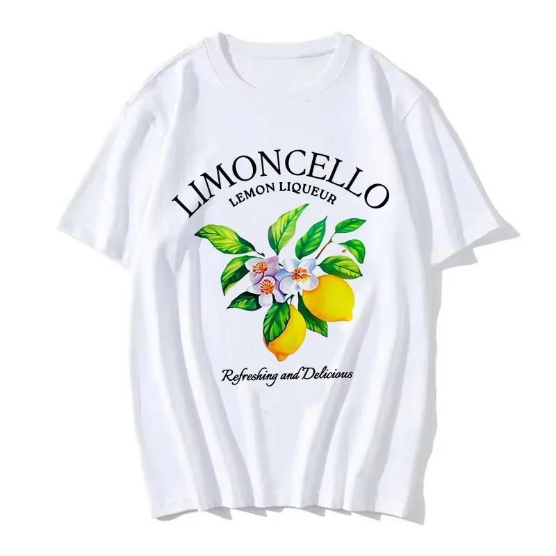 90s Printed Lemon Print T-shirt Short Sleeve Crew Neck Casual Top