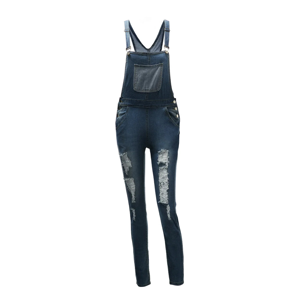 Denim Overalls Jeans Ankle Length Pencil Pants Pockets Holes Solid High Waist