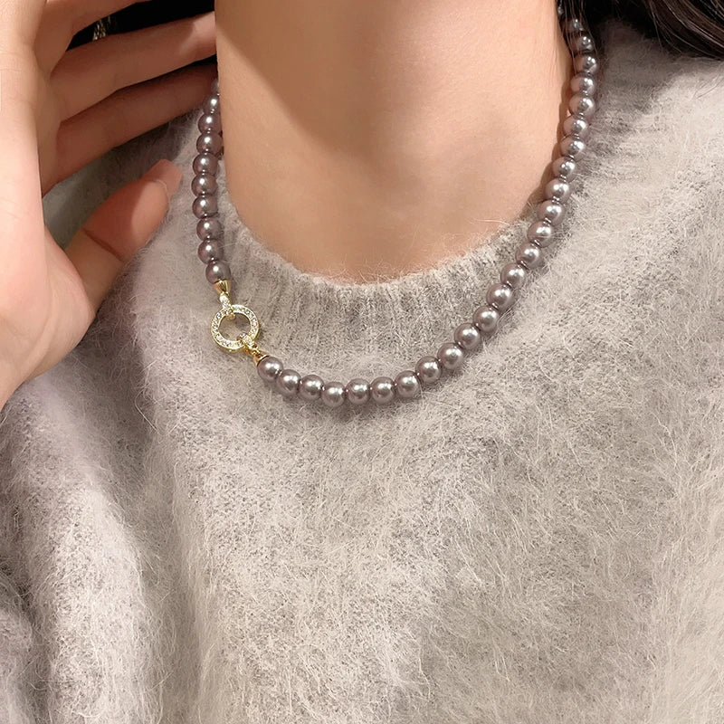 French Elegant Micro Set Zircon Round Buckle Imitation Pearl Beaded Necklace For Women's Temperament Jewelry Sweet Accessories