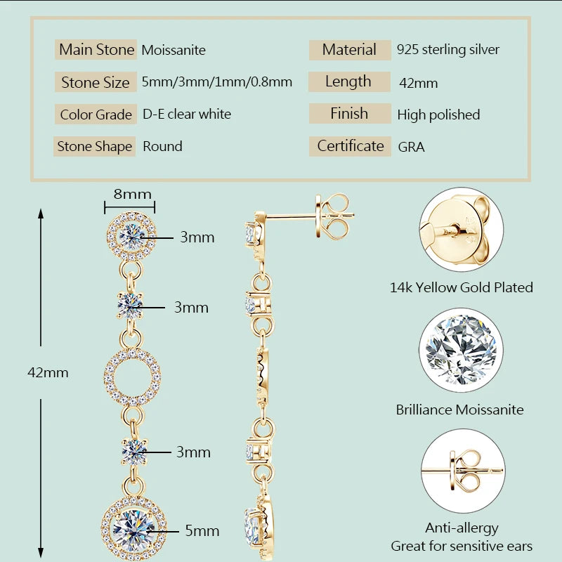 Anziw 2024 Long Stud Earrings Real 925 Silver 2CTW. Round Moissanite Dangle Earrings