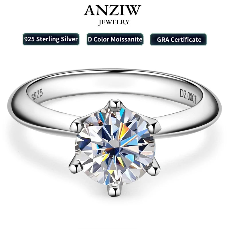 Anziw 2CT 3CT Moissanite Ring Ring 925 Sterling Silver