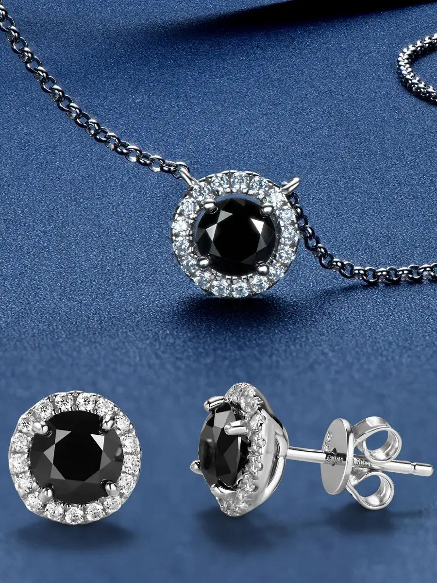 Vintage 2.6ctw Black Moissanite Diamond Jewelry Set for Women Original Silver 925 Stud Earrings & Pendant Necklace Party Gift