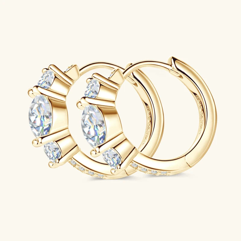 Anziw Real 925 Silver 5mm Round Moissanite Three Stone Earrings Small Hoop