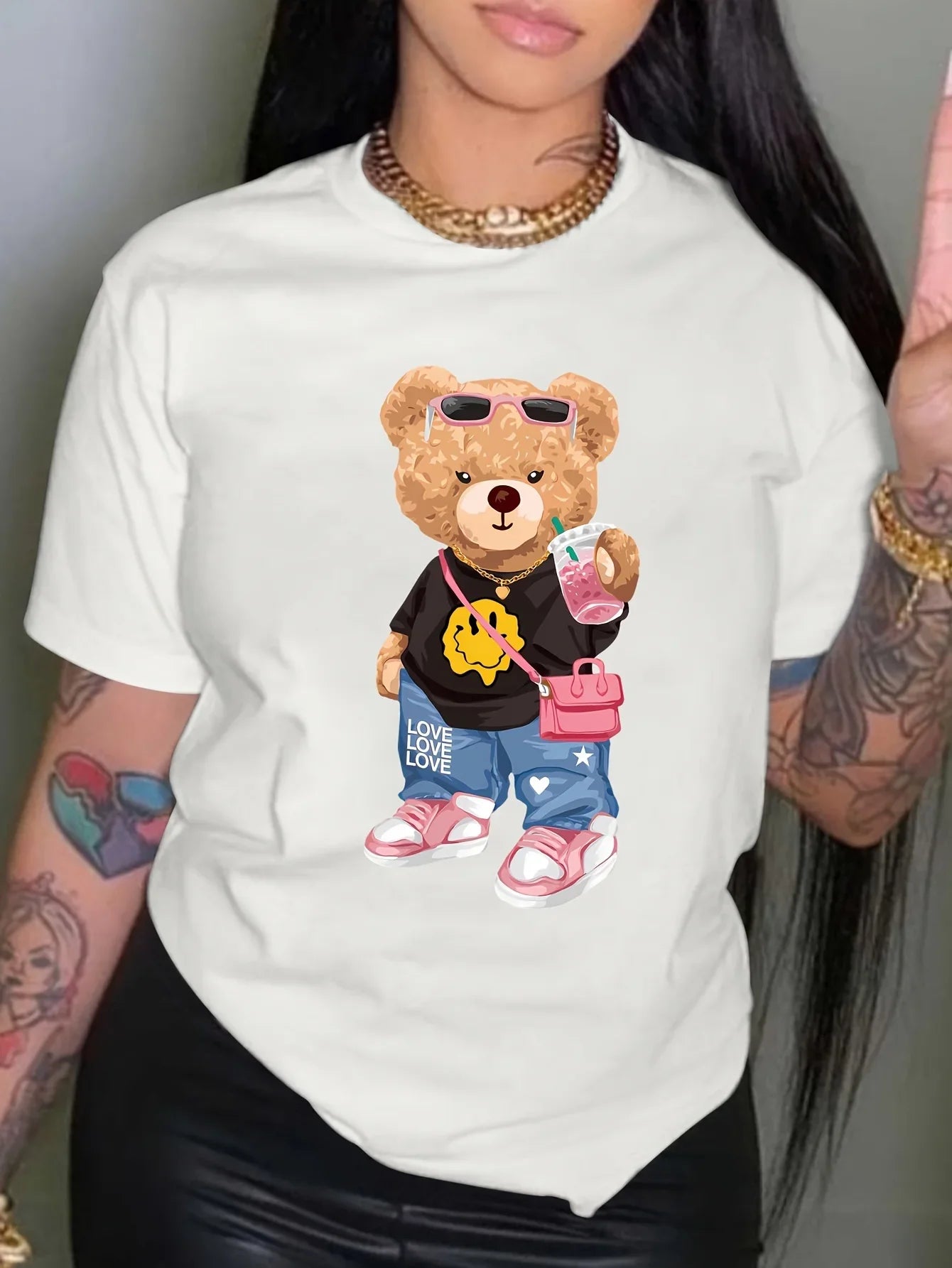 kawaii Little Bear Print T-shirt Short Sleeve Crew Neck