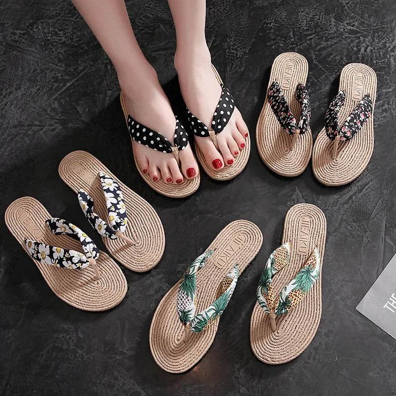 Ladies Summer Fashion Weave Women Beach Flip-Flops Non-Slip Flat Ladies Outdoor Soft Slippers Women's Simple Flip-Flop - Imbasat