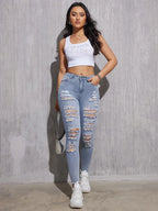 Skinny Stretch Lady High Waist Hole Denim Pants Fashion Solid Color Sexy Pencil Trousers