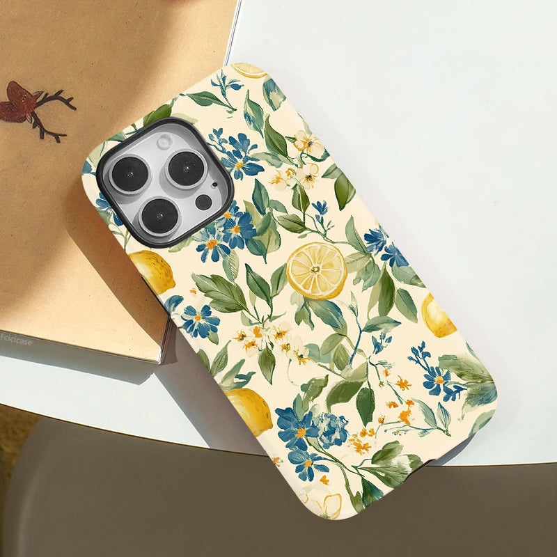 Flower Leaves Lemon iPhone Case Acrylic TPU Magnetic Shockproof