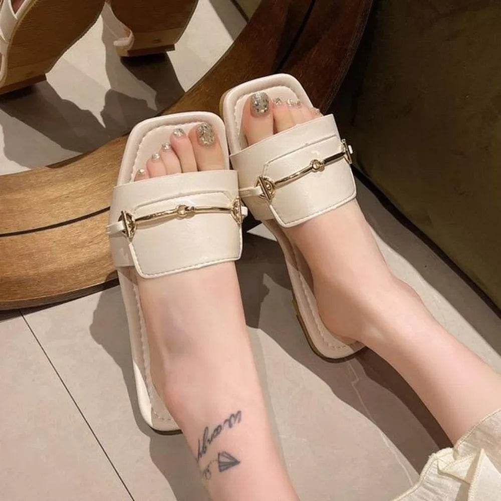 New Women's Buckle Decor Flat Slide Sandals Fashion Square Open Toe Summer Shoes Casual Outdoor Beach Slides Zapatos Mujer - Imbasat