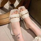 New Women's Buckle Decor Flat Slide Sandals Fashion Square Open Toe Summer Shoes Casual Outdoor Beach Slides Zapatos Mujer - Imbasat