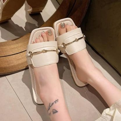 New Women's Buckle Decor Flat Slide Sandals Fashion Square Open Toe Summer Shoes Casual Outdoor Beach Slides Zapatos Mujer