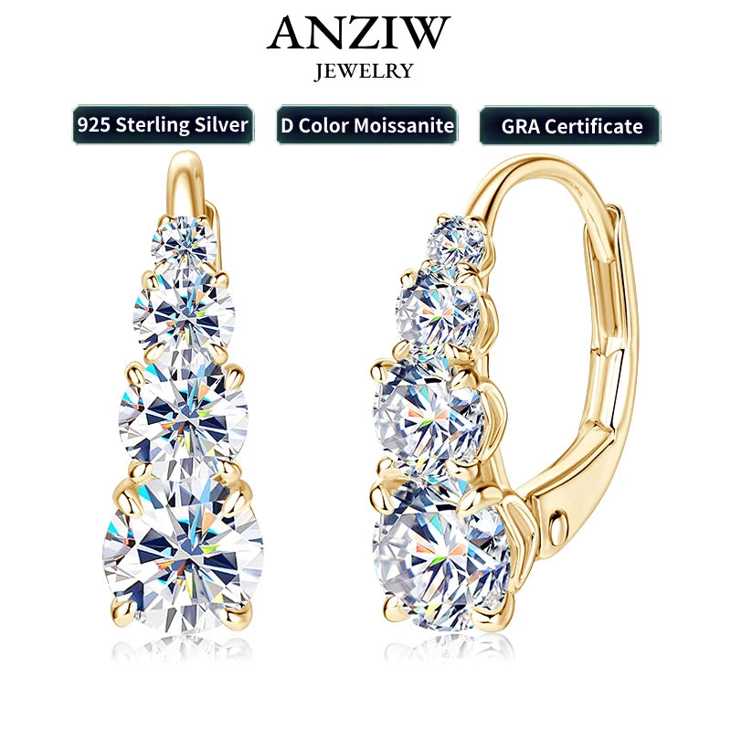 Anziw Luxury 1.86CTW 5mm Moissanite Drop Hoop Earrings Real 925 Silver
