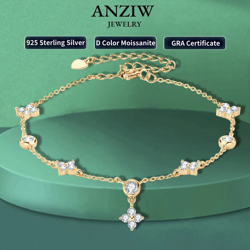 Anziw Silver 925 Four Leaf Clover Bracelet Certified D Color Moissanite Bracelets Gold Plated