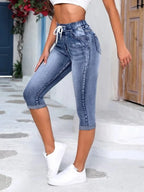 Women Jeans Elastic Waist Drawstring High Waist Ripped Jeans