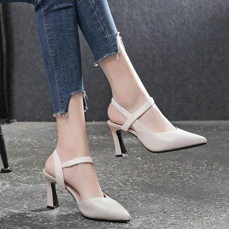 Soft Leather Solid Color Sandals Women 2022 Summer New Style Thick Heels with Baotou Fashion High-heeled Women's Shoes - Imbasat