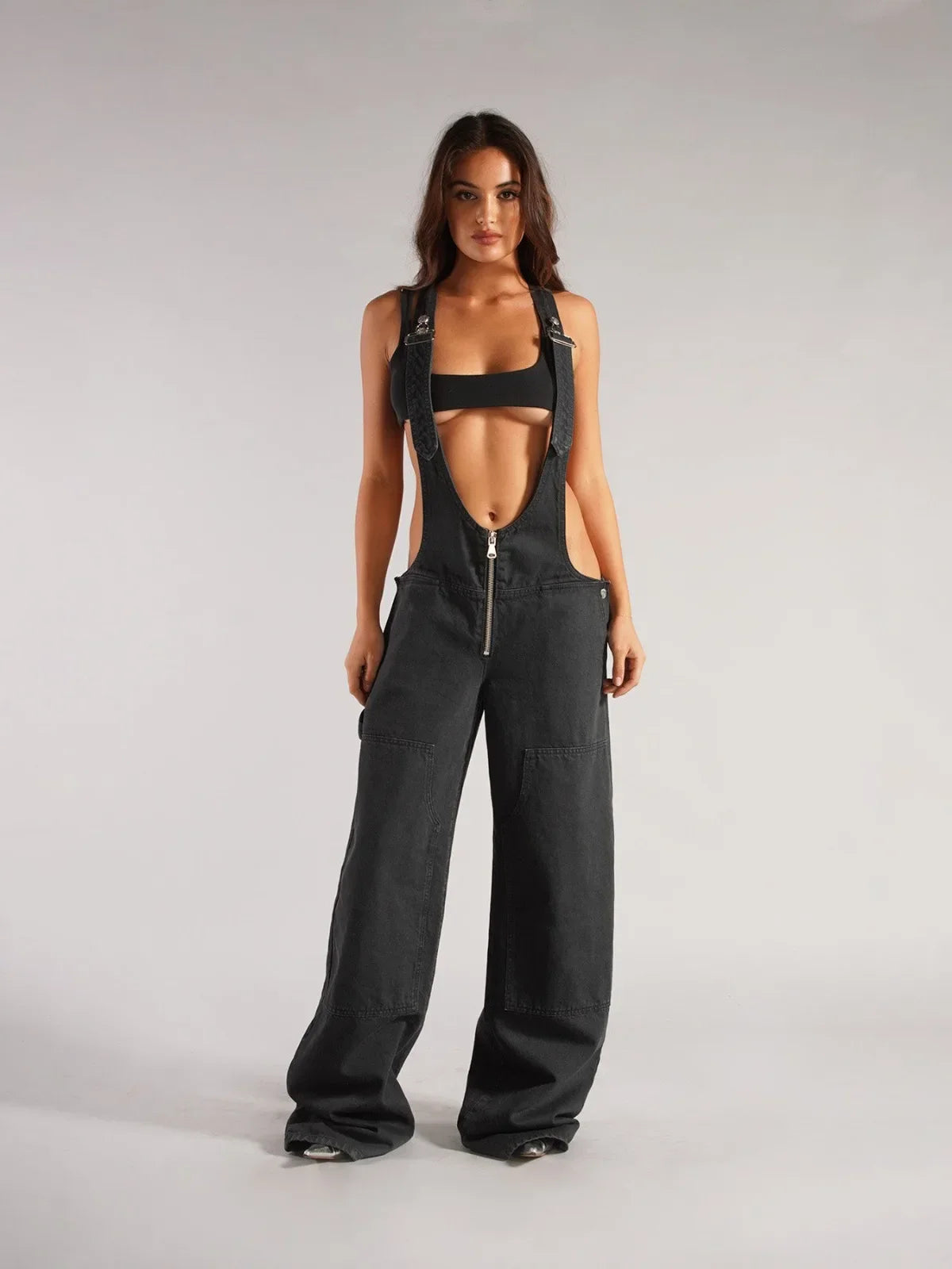 Jumpsuits Jeans Overalls  Backless Vintage Full Length Denim Straight Pants Loose Pockets