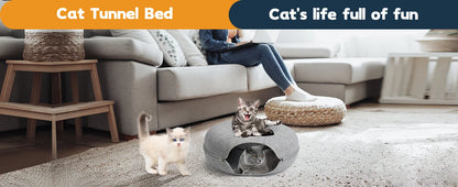 Cat Tunnel Bed for Indoor Cats Scratch Resistant Donut Cat Bed Cave Indoor Cat Hideout Detachable Round Felt & Washable