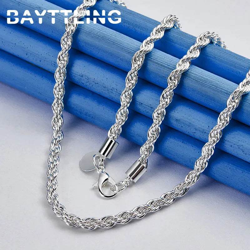 Charm 925 sterling silver Accessories Men 4MM 40-60cm 2PCS Rope Chain Necklace Bracelet Women Fashion Wedding Gift Jewelry - Imbasat