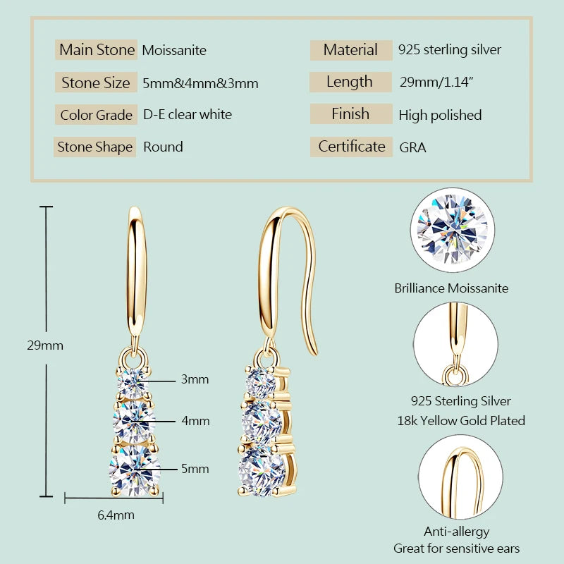 Anziw 925 Silver Three Stone Hook Earrings GRA Certified 1.8CTW. Moissanite Dangel Drop Earrings Wedding Jewelry Gifts for Women