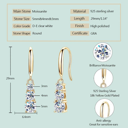 Anziw 925 Silver Three Stone Hook Earrings GRA Certified 1.8CTW. Moissanite Dangel Drop Earrings Wedding Jewelry Gifts for Women