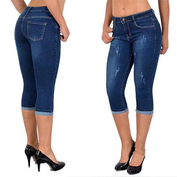 Summer Skinny Denim Pants Jeans Mid Waist Stretch Capri Pants Knee Length Trouser