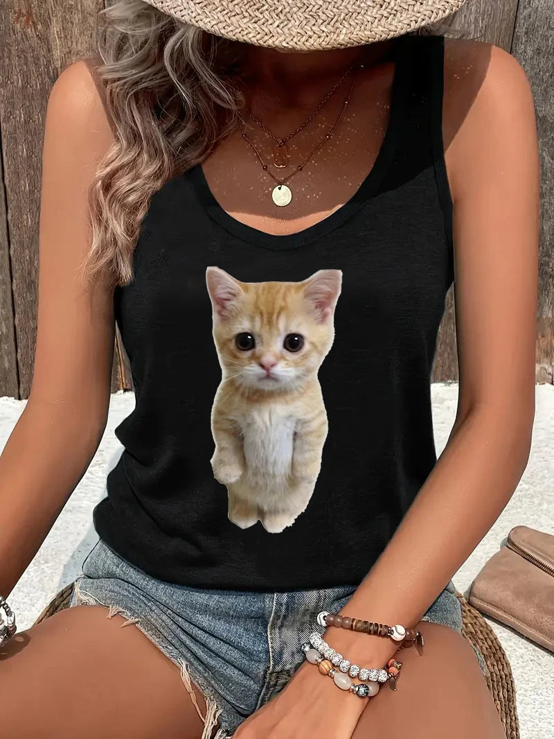 Cat Women Summer White Print T-shirt Girl Casual O Neck
