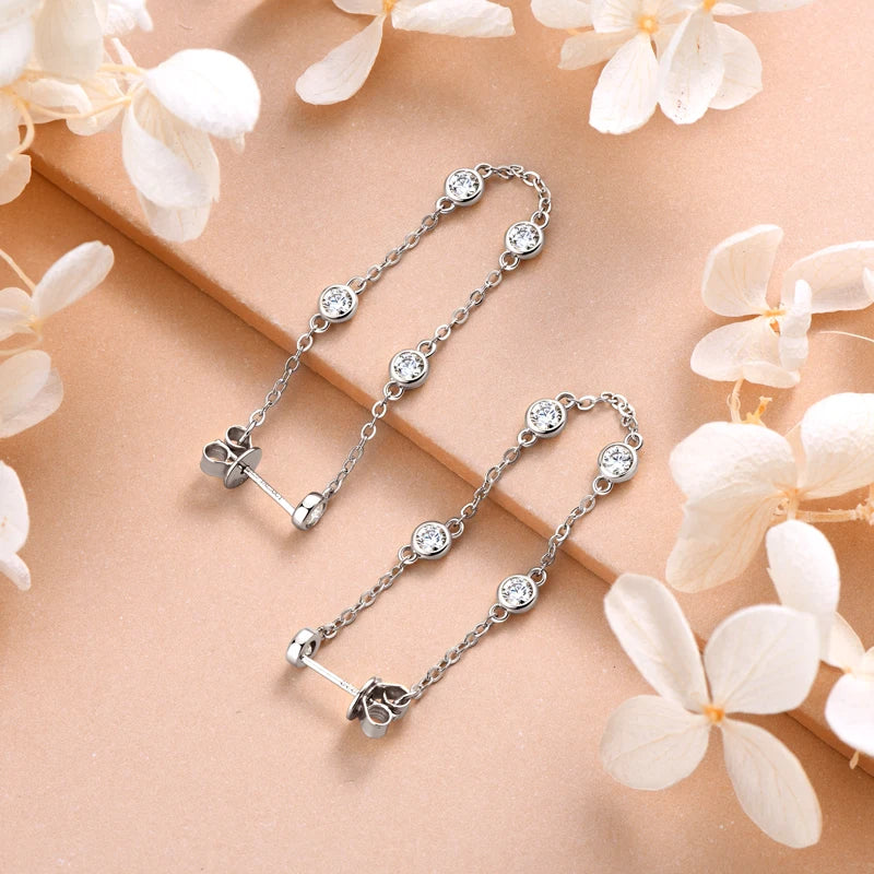 Anziw Long Chain Tassel Earring Moissanite Drop Station Piercing Earrings 925 Sterling Silver