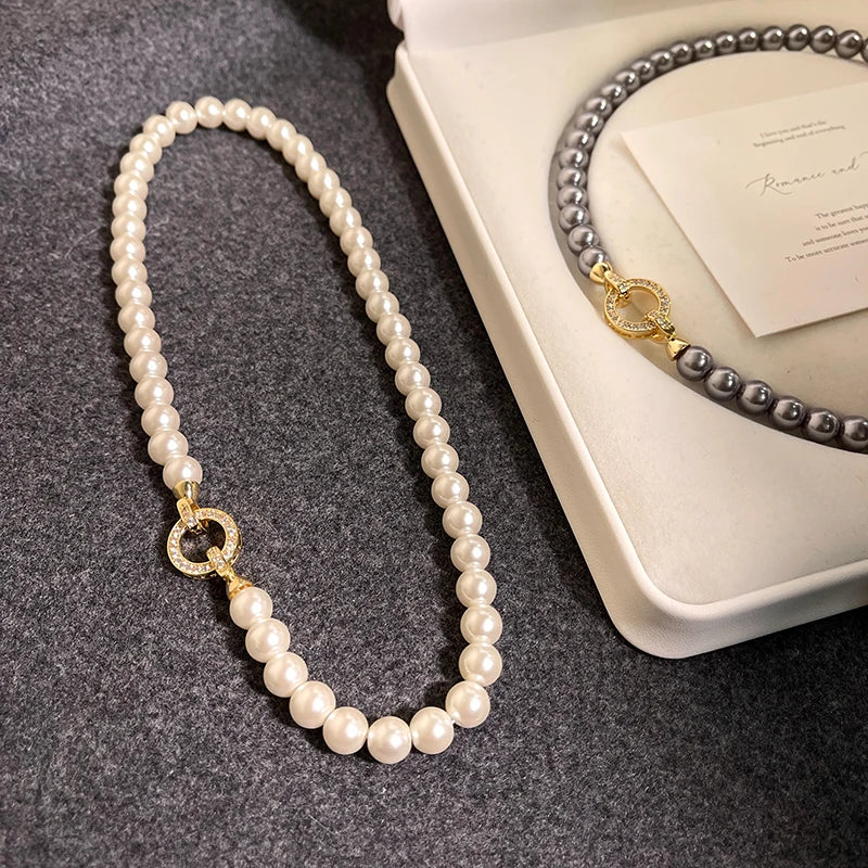 French Elegant Micro Set Zircon Round Buckle Imitation Pearl Beaded Necklace For Women's Temperament Jewelry Sweet Accessories