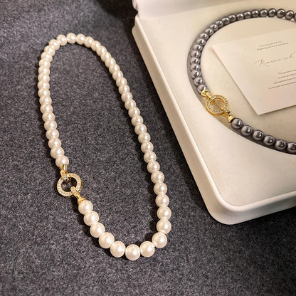 French Elegant Micro Set Zircon Round Buckle Imitation Pearl Beaded Necklace For Women's Temperament Jewelry Sweet Accessories