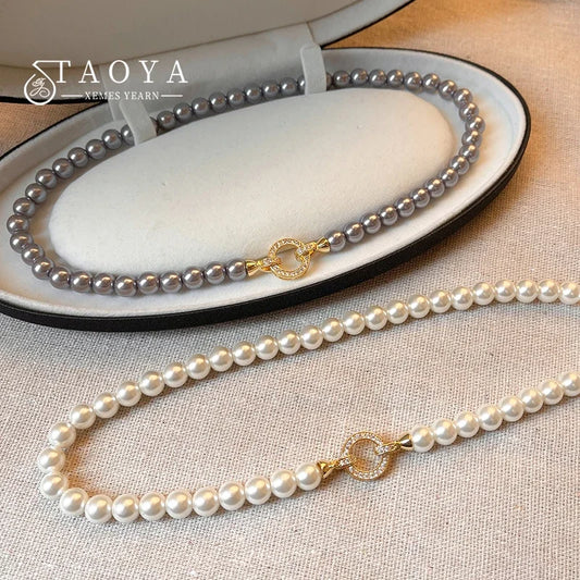 French Elegant Micro Set Zircon Round Buckle Imitation Pearl Beaded Necklace For Women's Temperament Jewelry Sweet Accessories