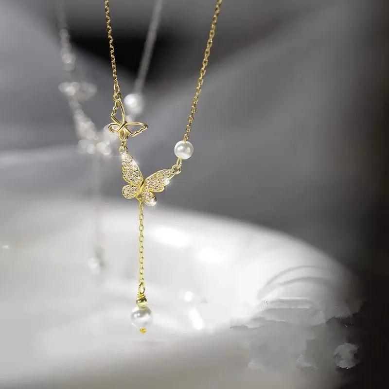 Vintage Zircon Flower Pearl Necklace