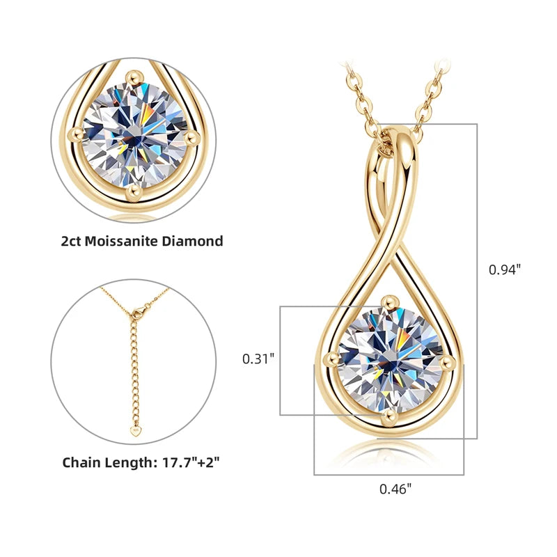 18K Gold Plated Solitaire Round 8mm 2ct Moissanite Infinity Pendant Necklace 925 Sterling Silver Women Teardrop D Color Diamond