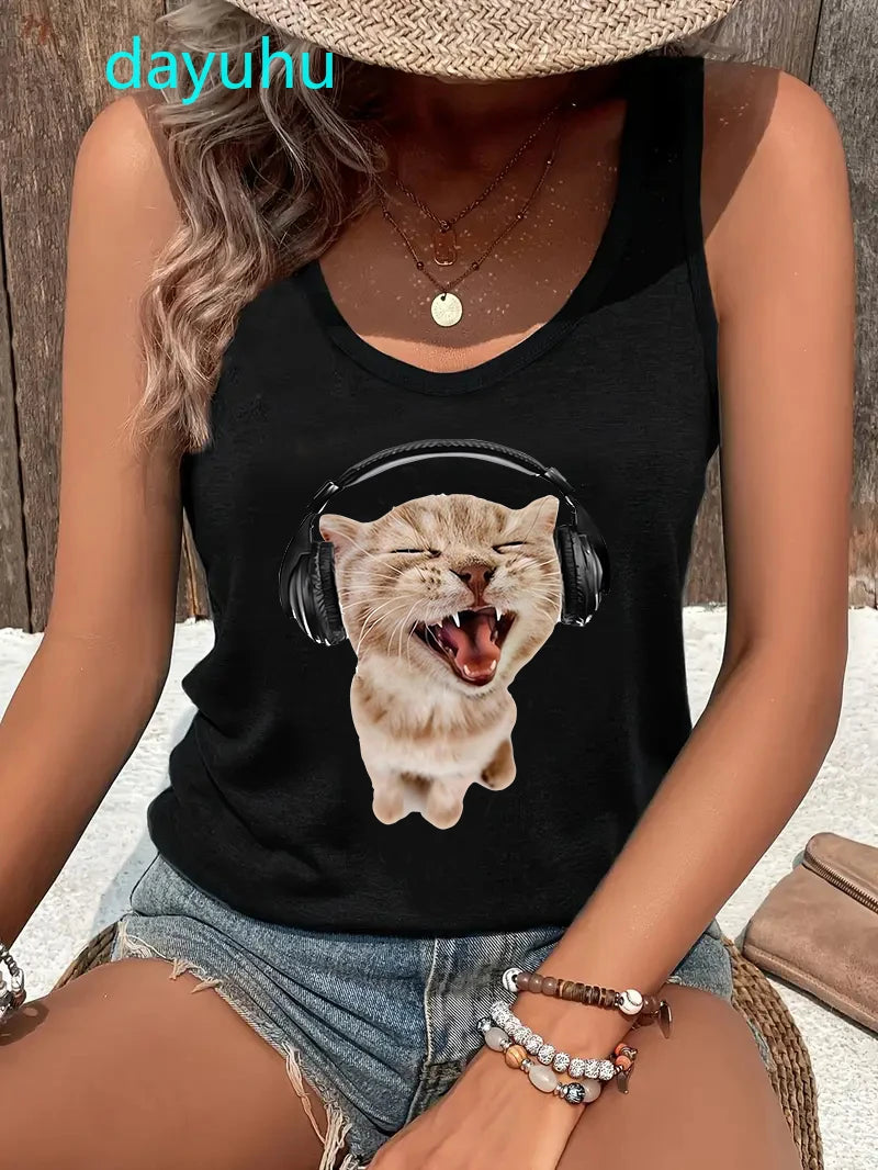 Cat Women Summer White Print T-shirt Girl Casual O Neck